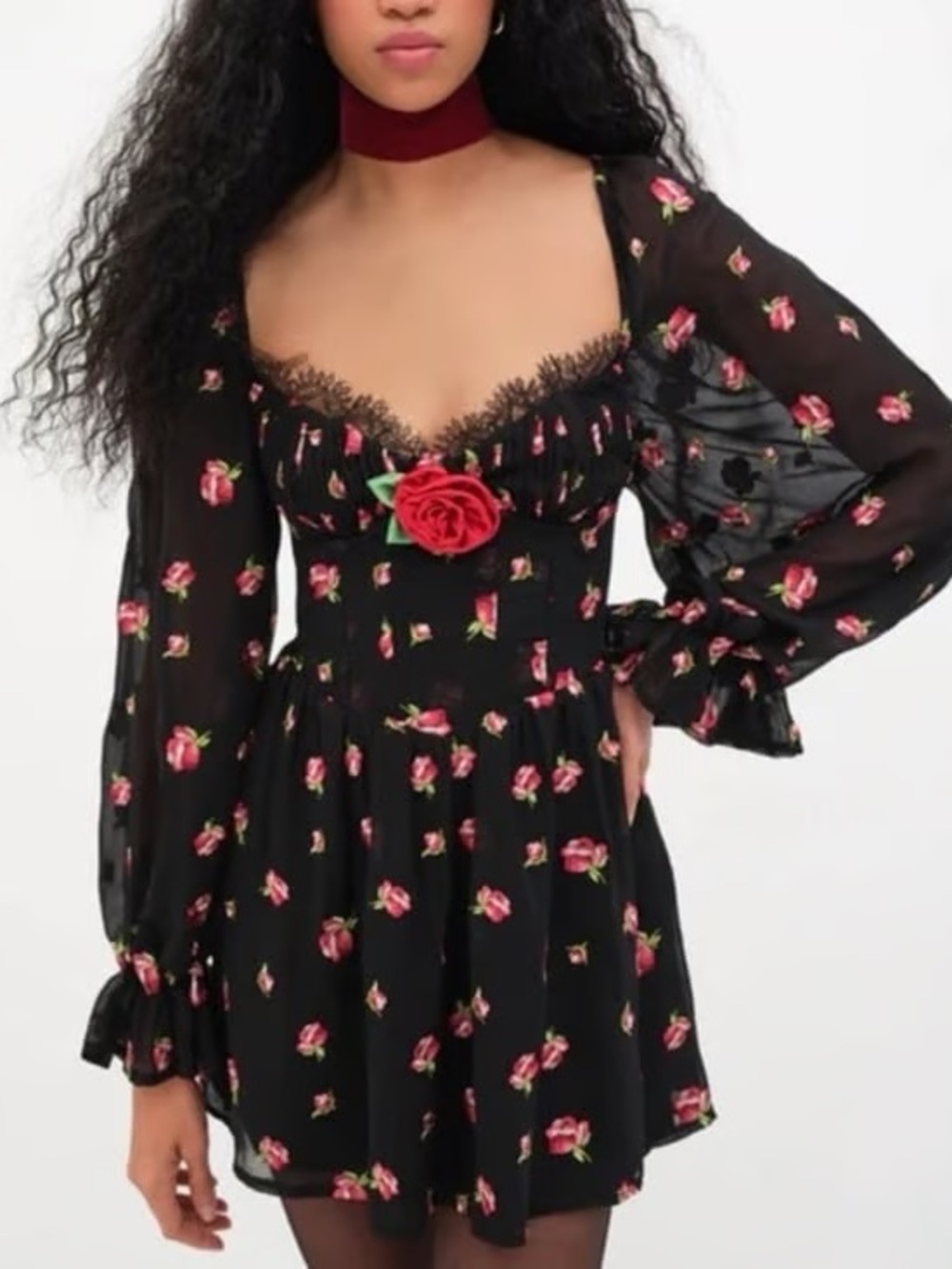 For Love & Lemons Black Mini Dress with Pink Red Rose Accents